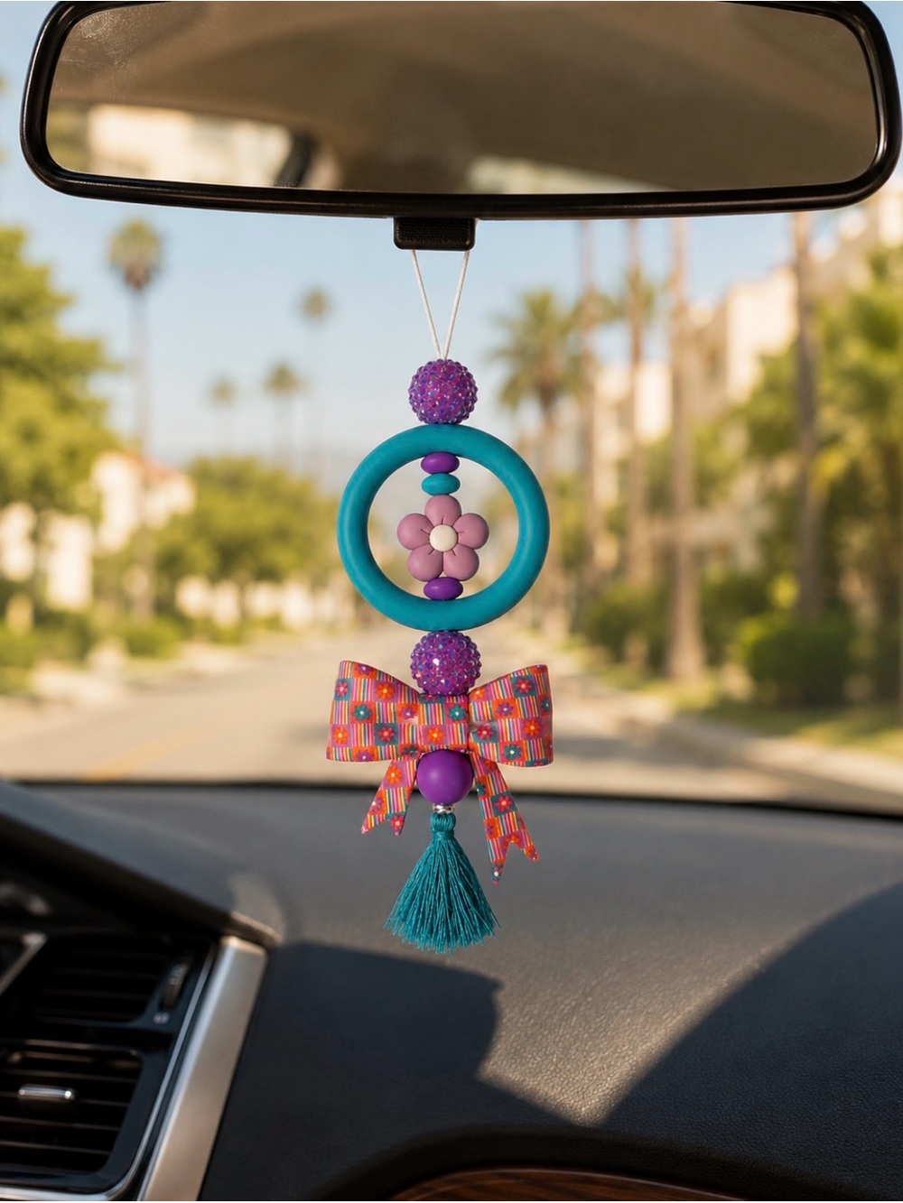 Handmade BeadedTeal Ring Floral Bow Hanging Car Charm